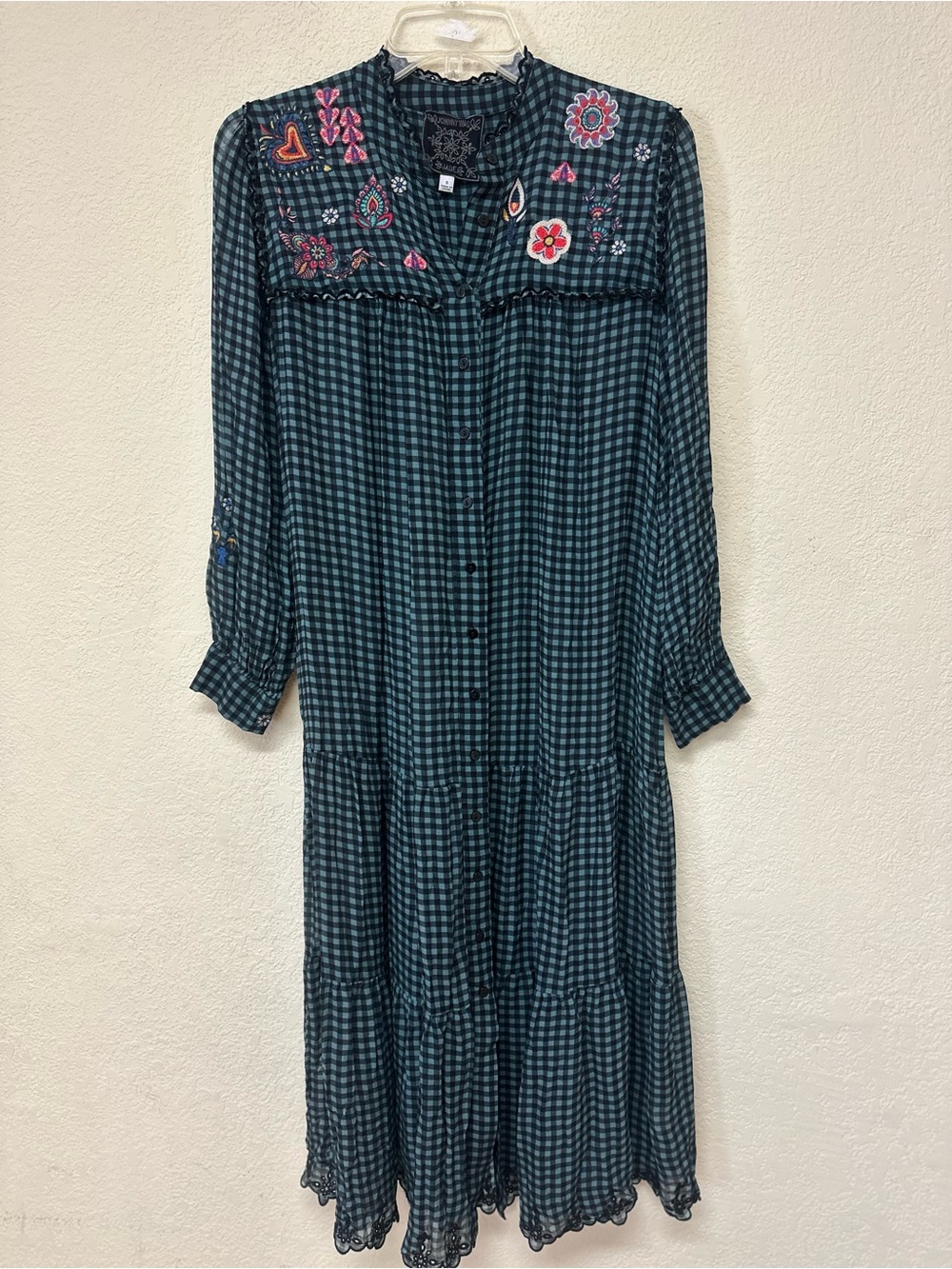 Johnny Was Teal and Black Plaid Embroidered Midi Dress size S
